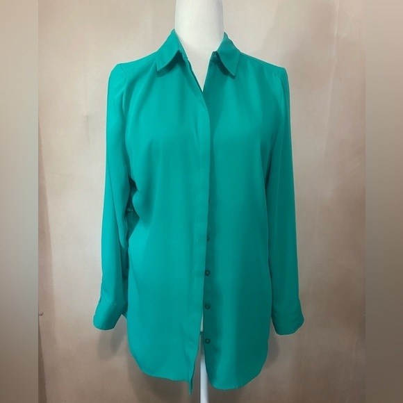 Chico's women's 1 (M) lace up side tunic button down blouse bright teal EUC - Picture 3 of 9